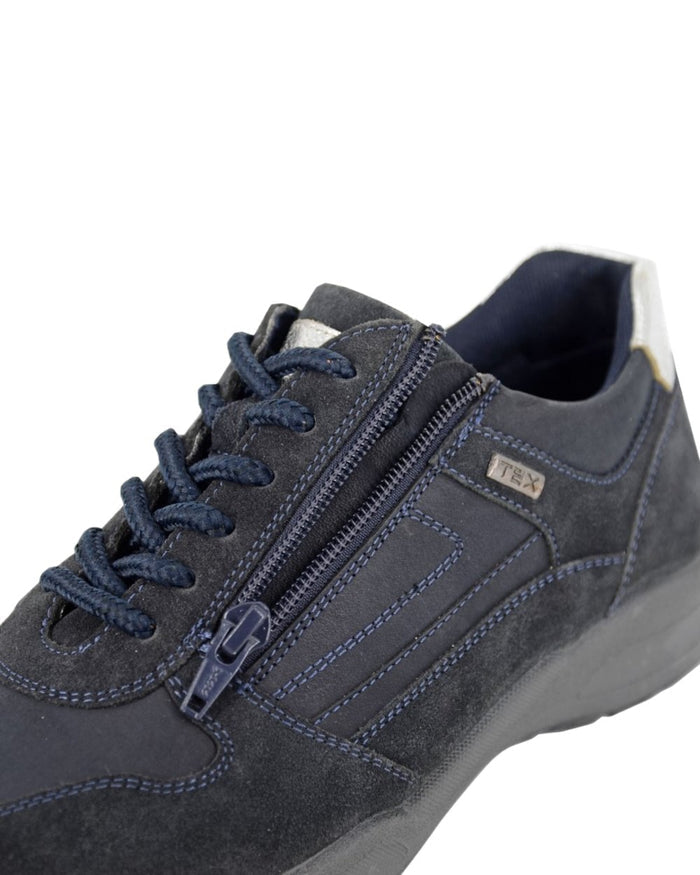 Navy Blue Coloured Mod Comfys Womens Waterproof 6 Eye Zip Trail Shoes on White Background
#colour_navy-blue