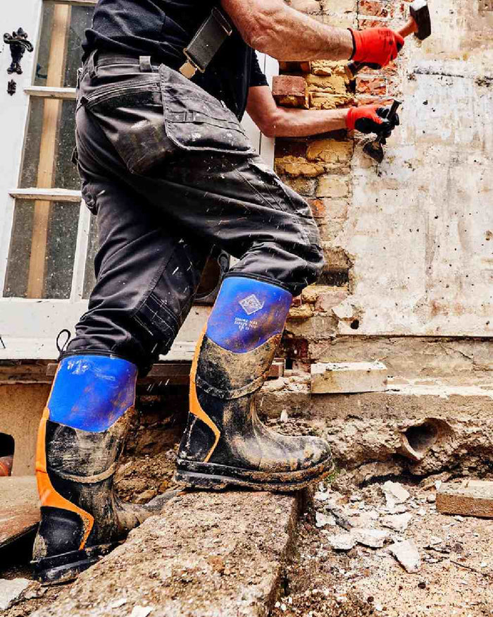 Muck Boots Chore Max Steel Toe S5 Tall Boots in Blue Orange #colour_blue-orange