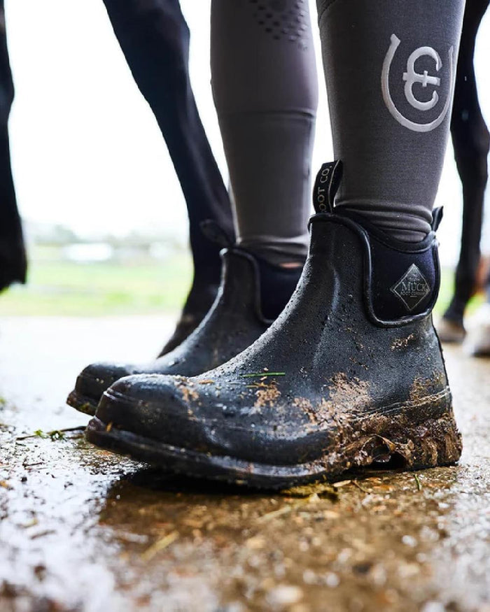 Black Coloured Muck Boots Wear Ankle Boots on ground background #colour_black