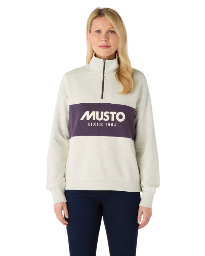 Oat Marl Coloured Musto Womens Classic Half Zip Sweatshirt On A White Background #colour_oat-marl