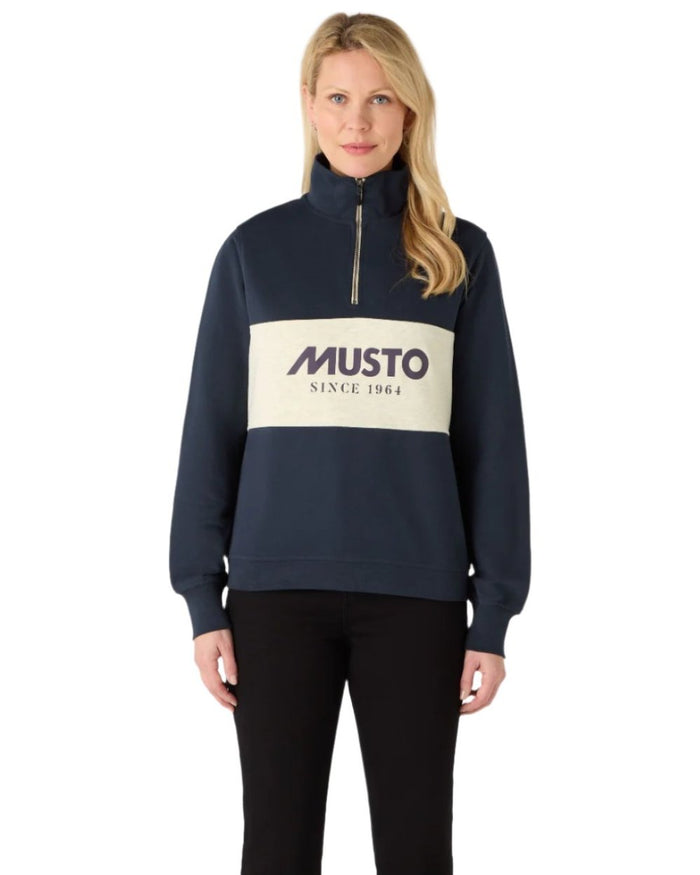 Navy Oat Coloured Musto Womens Classic Half Zip Sweatshirt On A White Background #colour_navy-oat