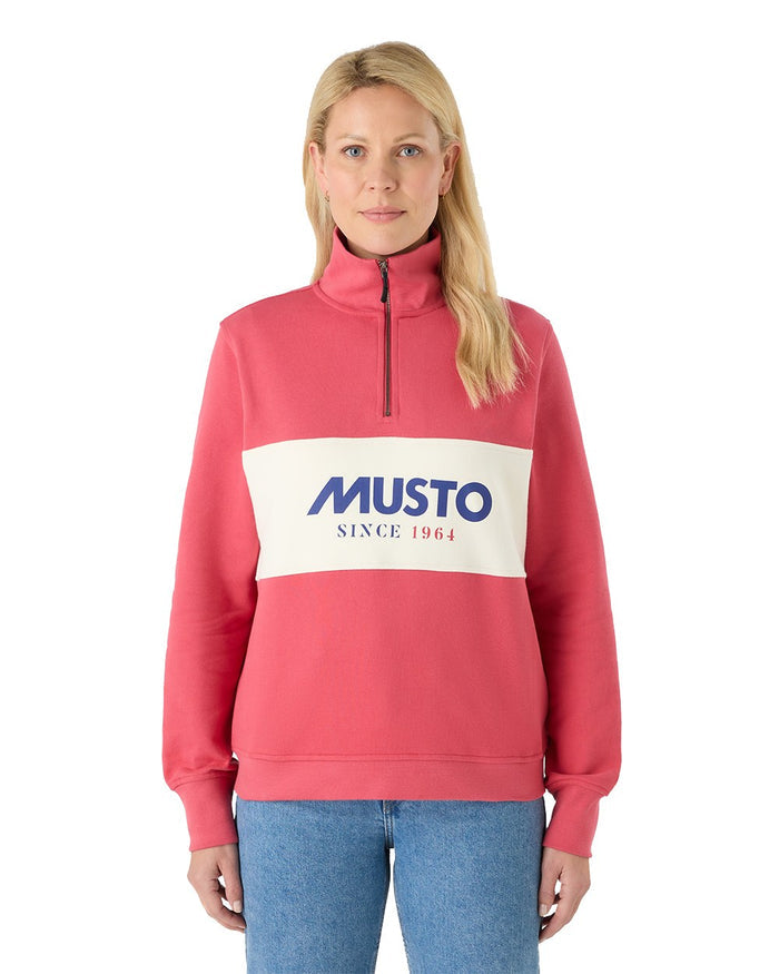 Sweet Raspberry Coloured Musto Womens Classic Half Zip Sweatshirt On A White Background #colour_sweet-raspberry