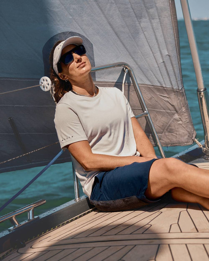 True Navy Coloured Musto Womens Performance Stretch Shorts on Boat Background
#colour_true-navy