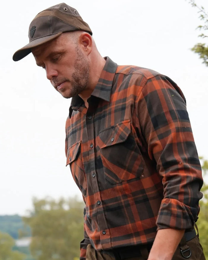 Orange coloured Northern Hunting Mens Fjord Organic Cotton Shirt on outdoor background #colour_orange