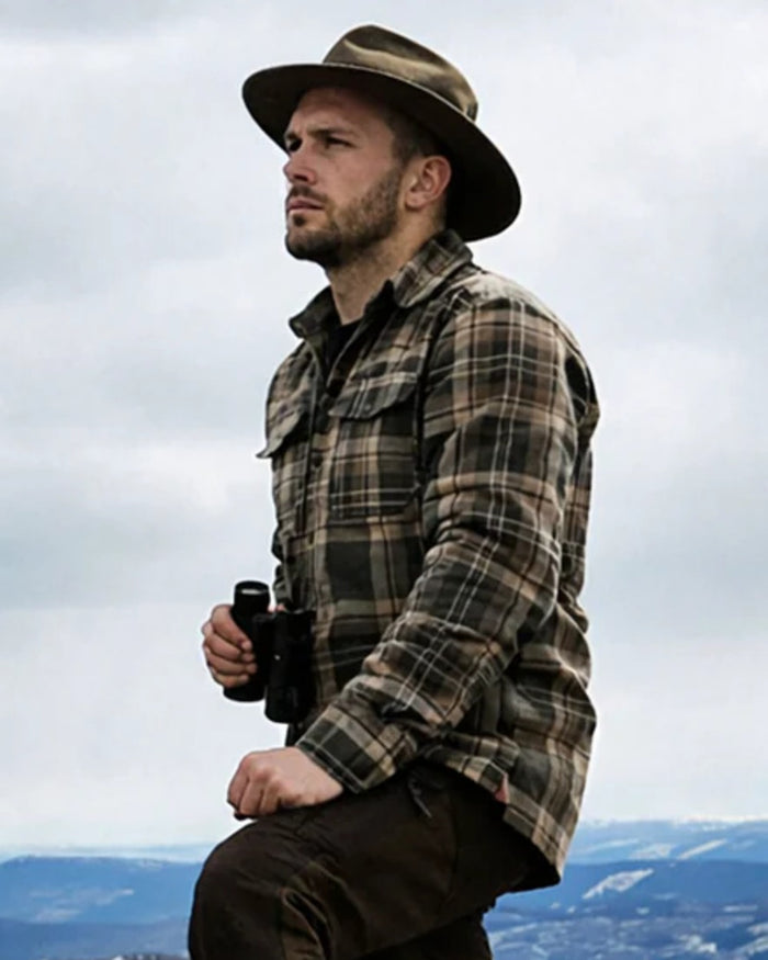 Green coloured Northern Hunting Mens Gorm Forester Shirt on sky background #colour_green