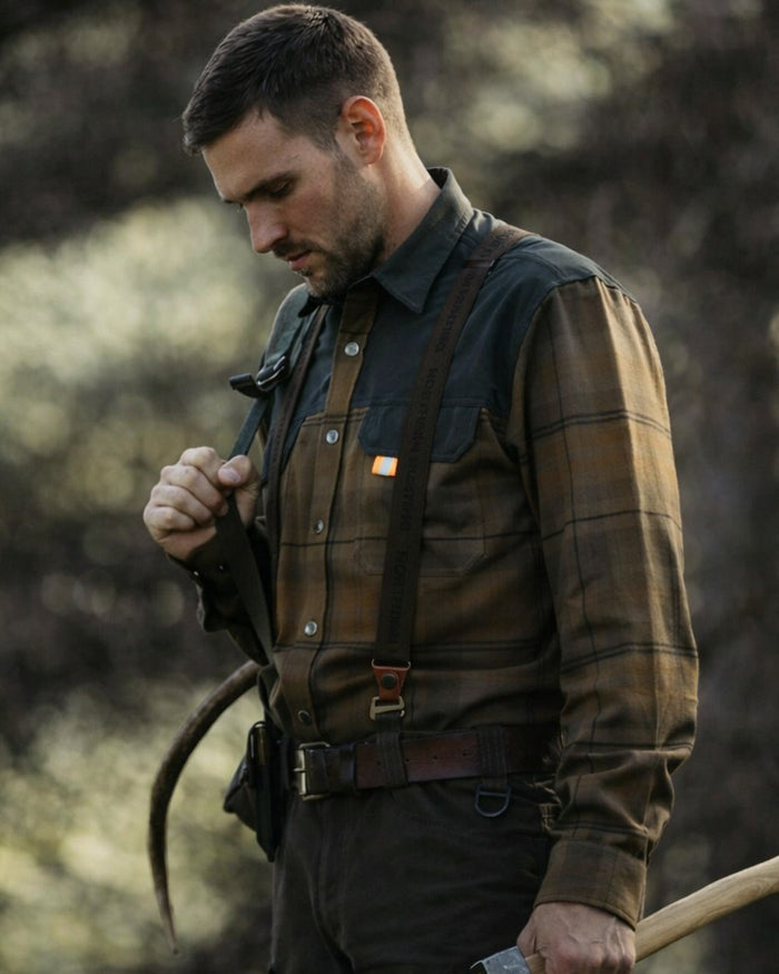 Brown coloured Northern Hunting Mens Kjall Cotton Flannel Shirt on forest background #colour_brown