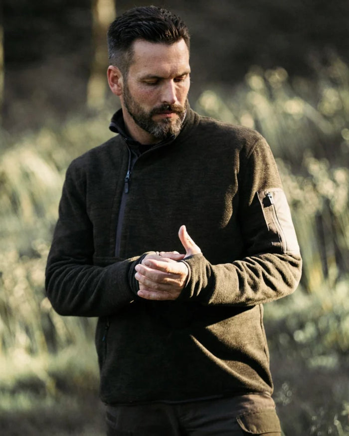 Brown coloured Northern Hunting Mens Thorlak Fleece Sweatshirt on forest background #colour_brown