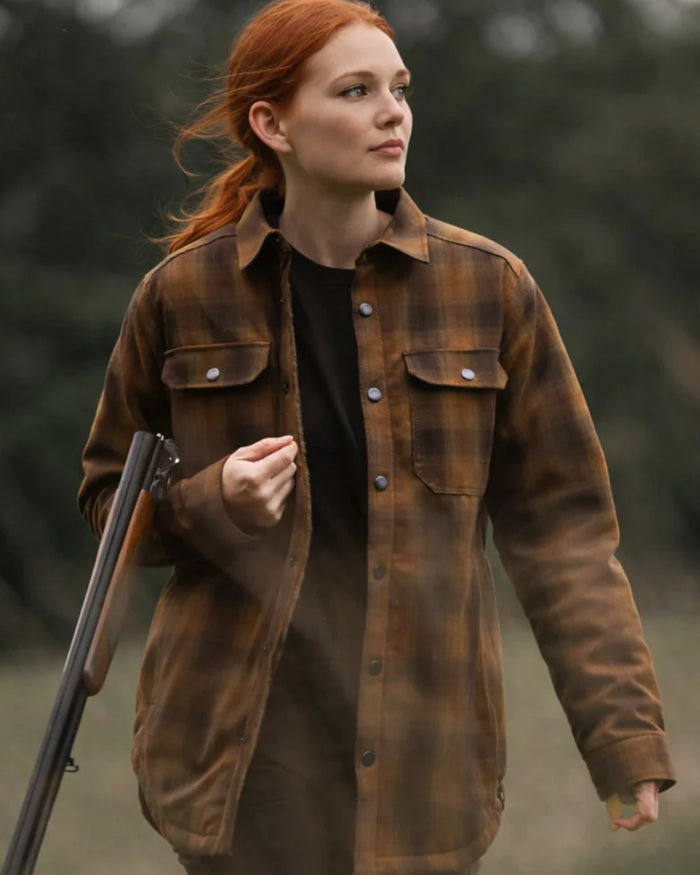 Brown coloured Northern Hunting Womens Estrid Insulated Flannel Shirt on forest background #colour_brown