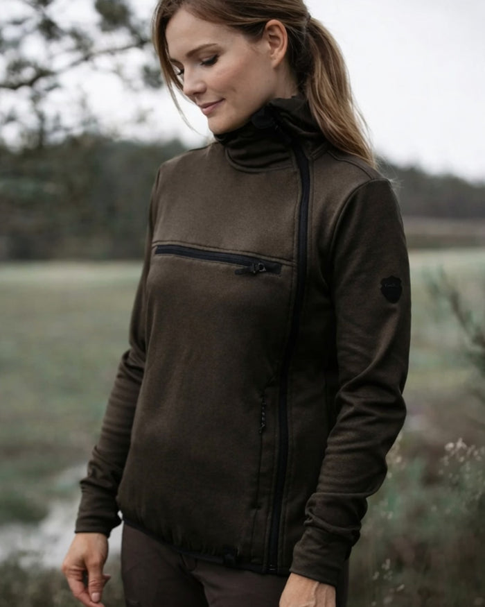 Brown coloured Northern Hunting Womens Saga Insulated Sweatshirt on forest background #colour_brown