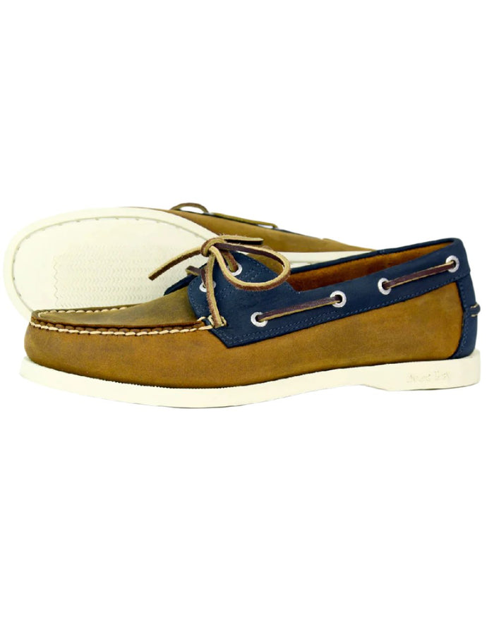 Sand Navy Coloured Orca Bay Mens Clovelly Deck Shoes on white background #colour_sand-navy