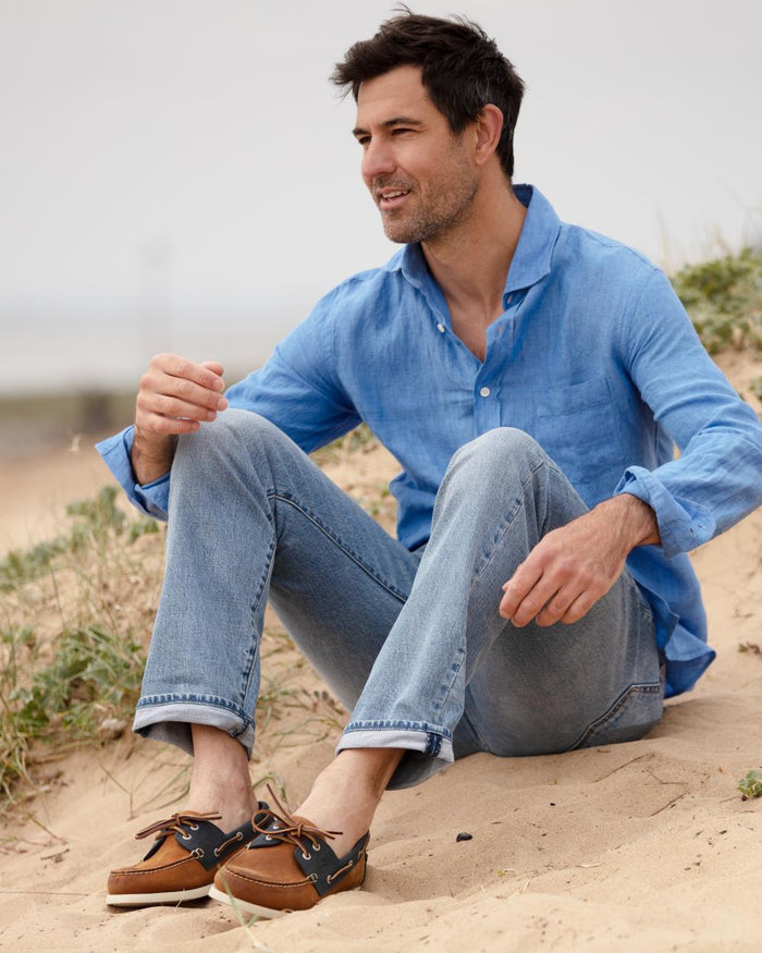 Sand Navy Coloured Orca Bay Mens Clovelly Deck Shoes on sand background #colour_sand-navy