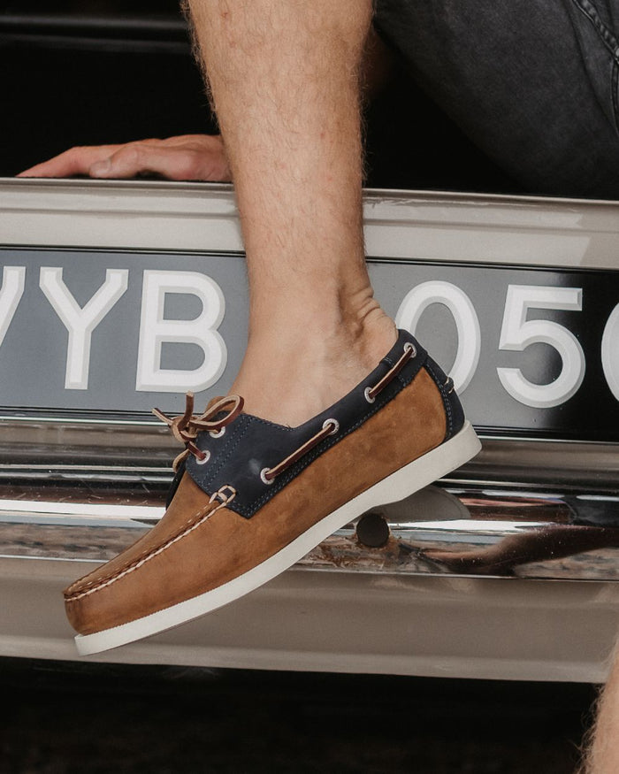 Sand Navy Coloured Orca Bay Mens Clovelly Deck Shoes on outdoor background #colour_sand-navy