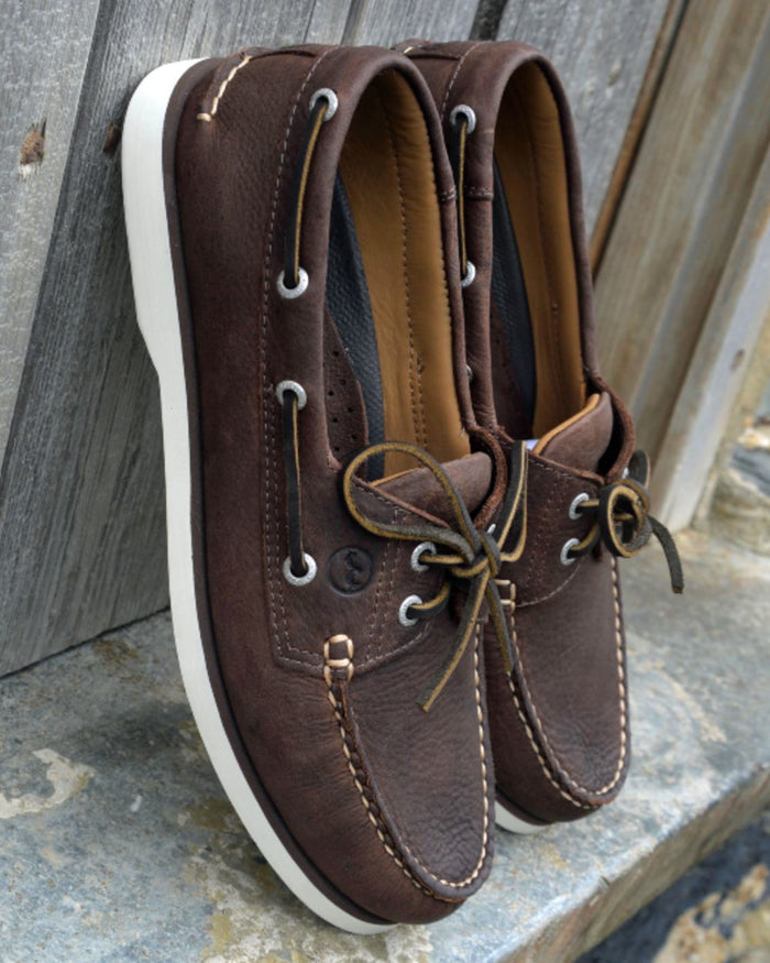 Dark Brown Coloured Orca Bay Mens Portland Premium Ocean Gold Shoes on outdoor background #colour_dark-brown