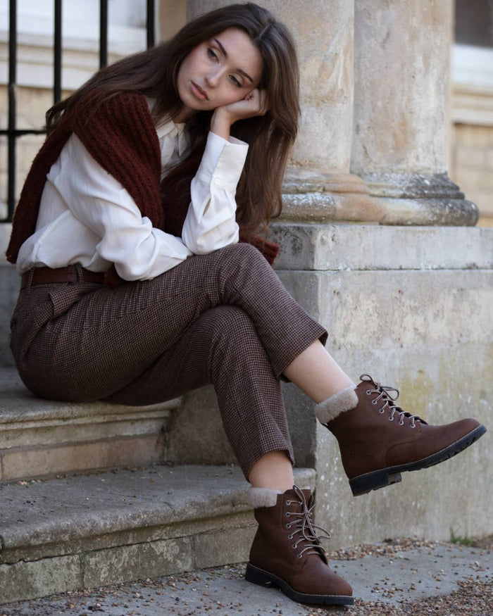 Brown coloured Orca Bay Womens Real Sheepskin Lining Pennine Boots on stairs background #colour_brown