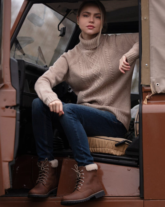 Brown coloured Orca Bay Womens Real Sheepskin Lining Pennine Boots on car background #colour_brown