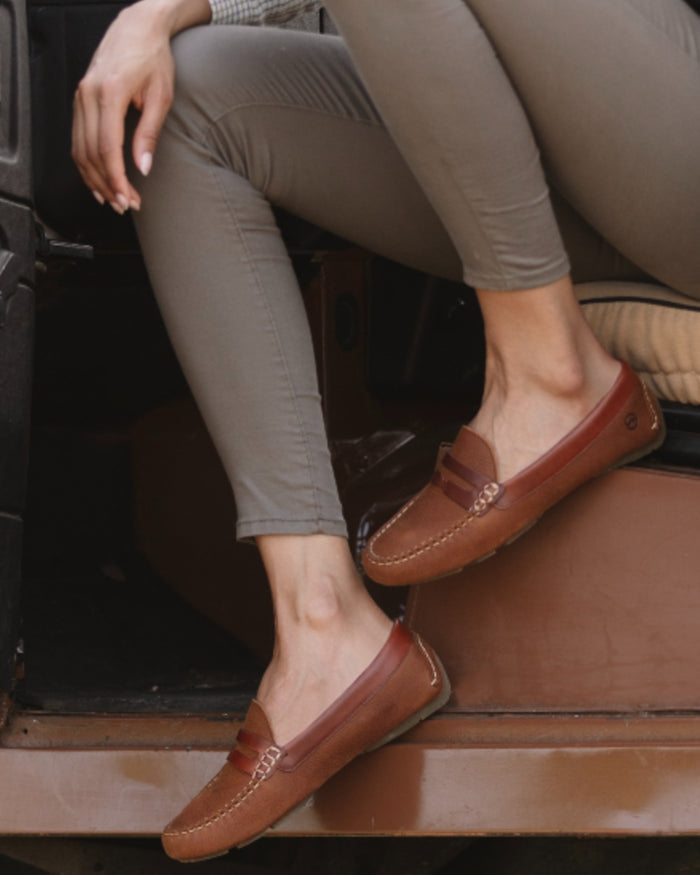 Havana Saddle coloured Orca Bay Womens Richmond Loafers on outdoor background #colour_havana-saddle