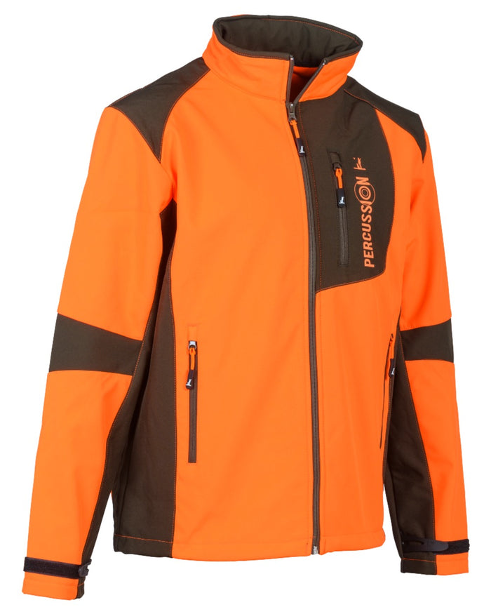 Khaki Orange coloured Percussion Softshell Waterproof Jacket on white background #colour_khaki-orange