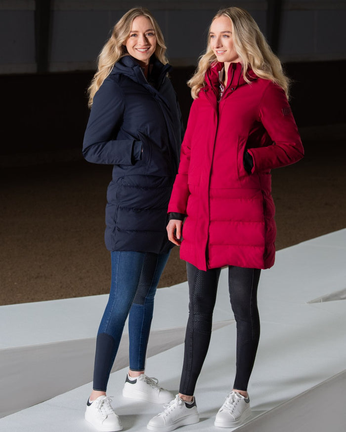 Rumba Red Coloured Pikeur Quilted Raincoat On A Floor Background #colour_rumba-red