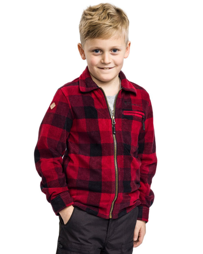 Red Black coloured Pinewood Childrens Canada Fleece Shirt on white background #colour_red-black