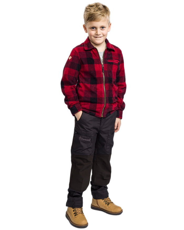 Red Black coloured Pinewood Childrens Canada Fleece Shirt on white background #colour_red-black