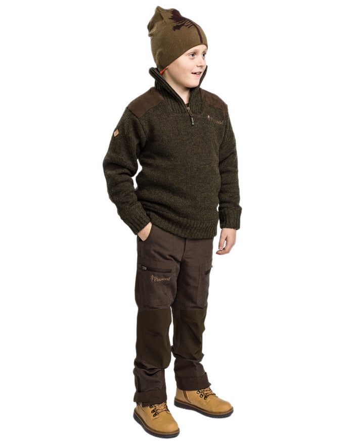 Suede Brown Dark Olive coloured Pinewood Childrens Caribou Hunt Trousers on white background #colour_suede-brown-dark-olive