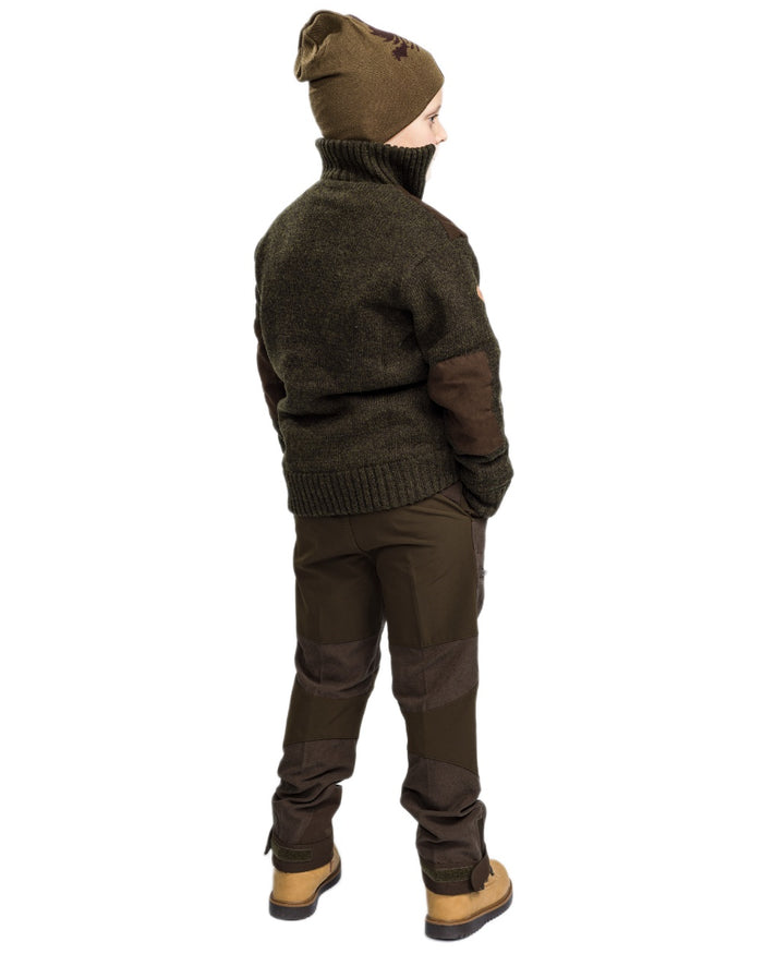 Suede Brown Dark Olive coloured Pinewood Childrens Caribou Hunt Trousers on white background #colour_suede-brown-dark-olive