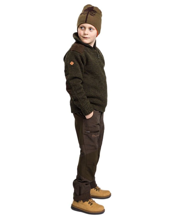 Suede Brown Dark Olive coloured Pinewood Childrens Caribou Hunt Trousers on white background #colour_suede-brown-dark-olive