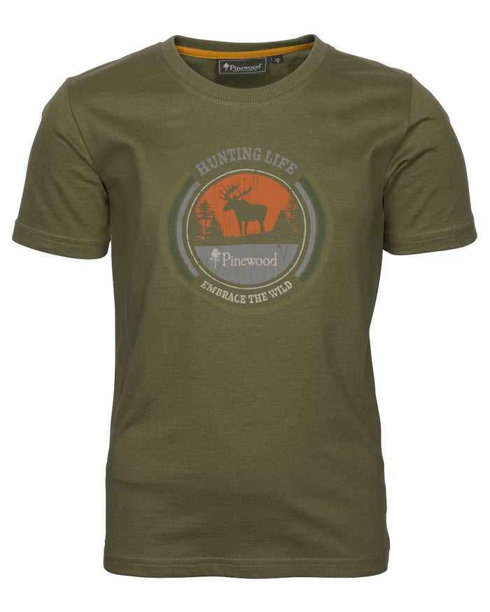 Hunter Olive coloured Pinewood Childrens Moose T-Shirt on white background #colour_hunter-olive