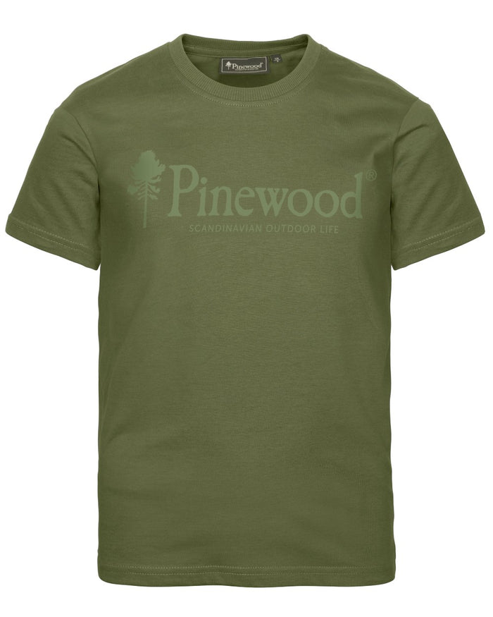 Pine Green coloured Pinewood Childrens Outdoor Life T-Shirt on white background #colour_pine-green