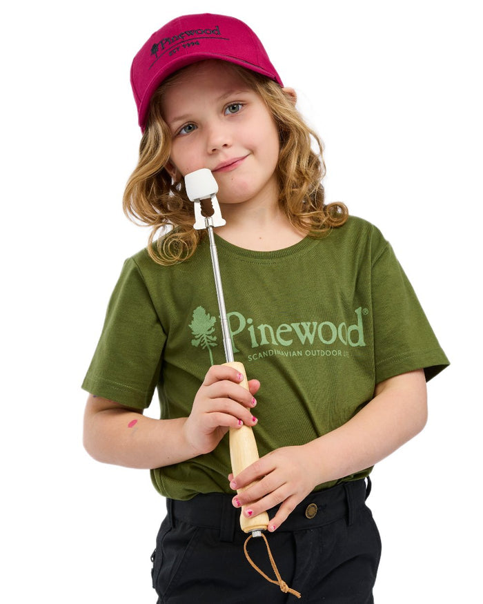Pine Green coloured Pinewood Childrens Outdoor Life T-Shirt on white background #colour_pine-green