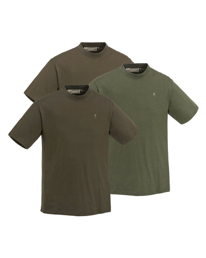 Green Hunting Brown Khaki Coloured Pinewood Mens 3-Pack T-Shirt on white background #colour_green-hunting-brown-khaki