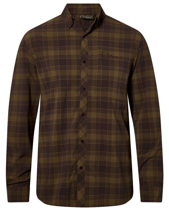 Dark Olive Dark Sandstone coloured Pinewood Mens Abisko Trekking InsectSafe Long Sleeve Shirt on white background #colour_dark-olive-dark-sandstone