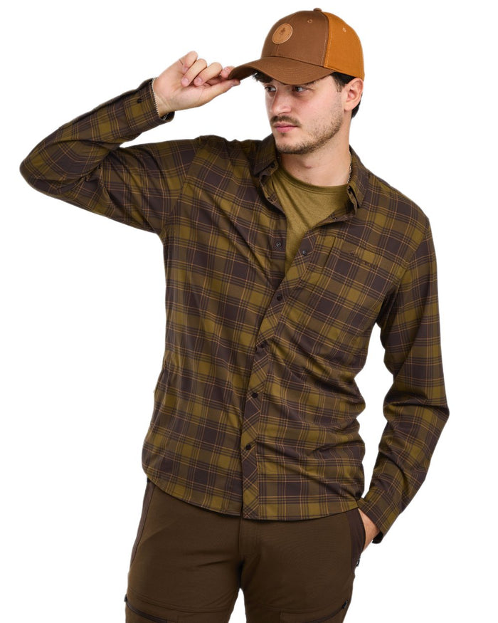 Dark Olive Dark Sandstone coloured Pinewood Mens Abisko Trekking InsectSafe Long Sleeve Shirt on white background #colour_dark-olive-dark-sandstone