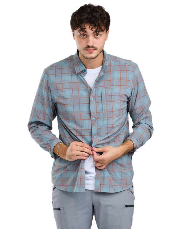 Aqua Grey coloured Pinewood Mens Abisko Trekking InsectSafe Long Sleeve Shirt on white background #colour_aqua-grey
