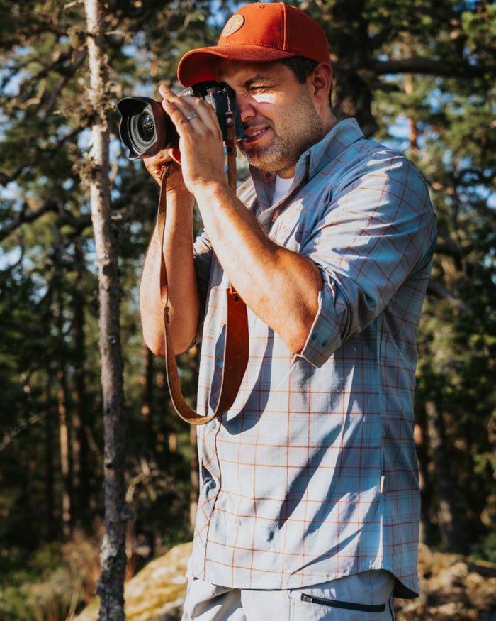 Aqua Grey coloured Pinewood Mens Abisko Trekking InsectSafe Long Sleeve Shirt on forest background #colour_aqua-grey