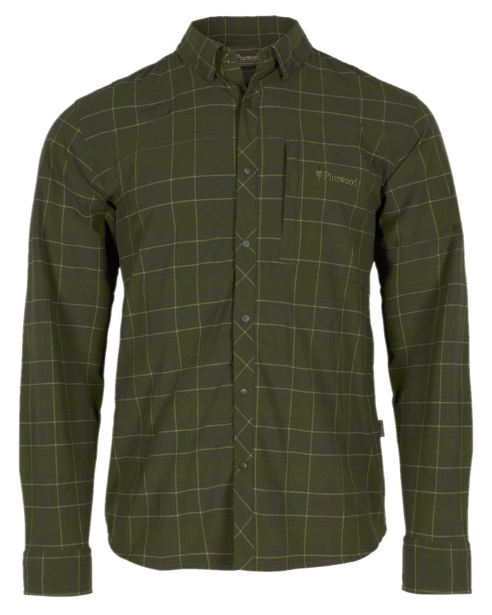 Moss Green Coloured Pinewood Mens Abisko Trekking Long Sleeve Shirt on white background #colour_moss-green