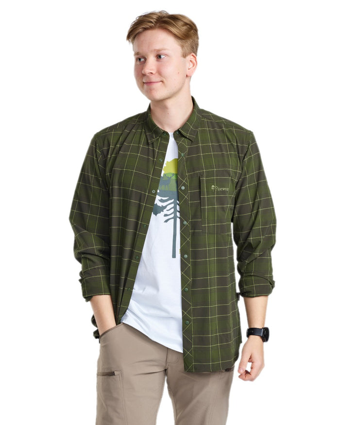 Moss Green Coloured Pinewood Mens Abisko Trekking Long Sleeve Shirt on white background #colour_moss-green