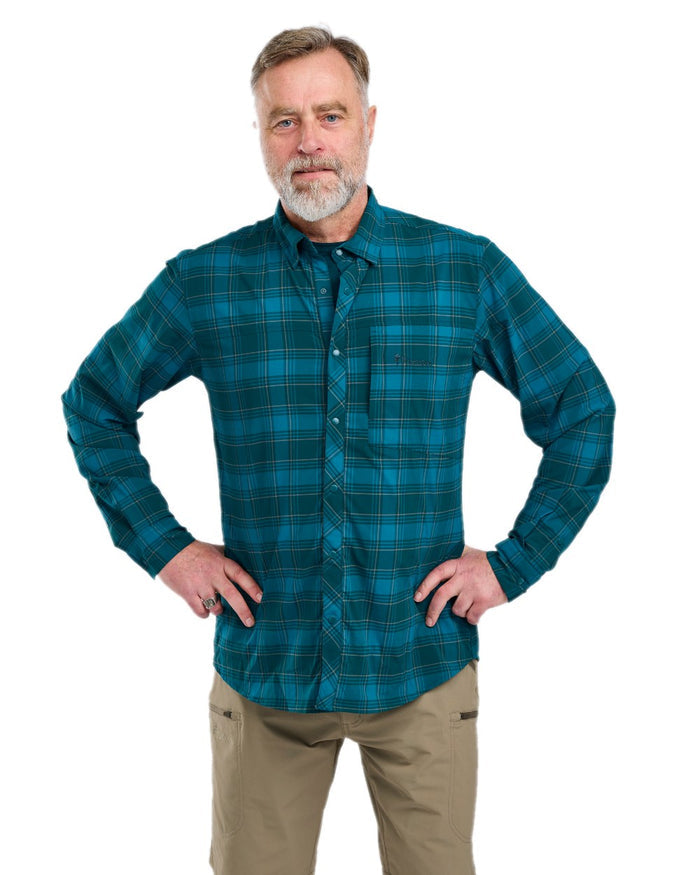 Teal Blue Coloured Pinewood Mens Abisko Trekking Long Sleeve Shirt on  white background #colour_teal-blue