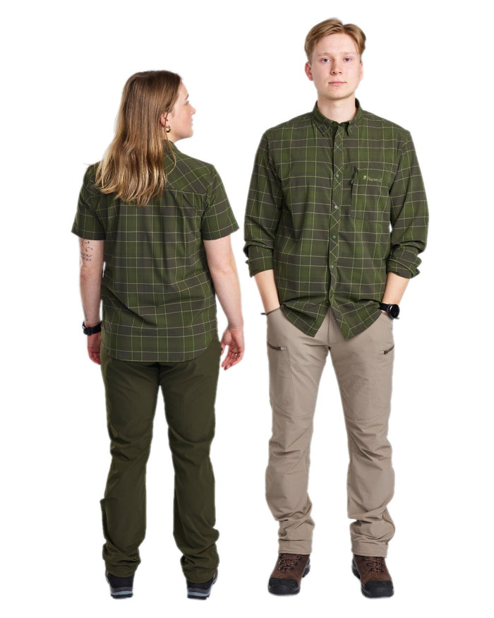Moss Green Coloured Pinewood Mens Abisko Trekking Long Sleeve Shirt on white background #colour_moss-green