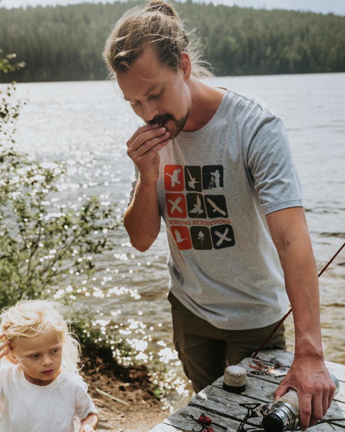 Light Grey Melange Combo coloured Pinewood Mens Birding T-Shirt on lake background #colour_light-grey-melange-combo