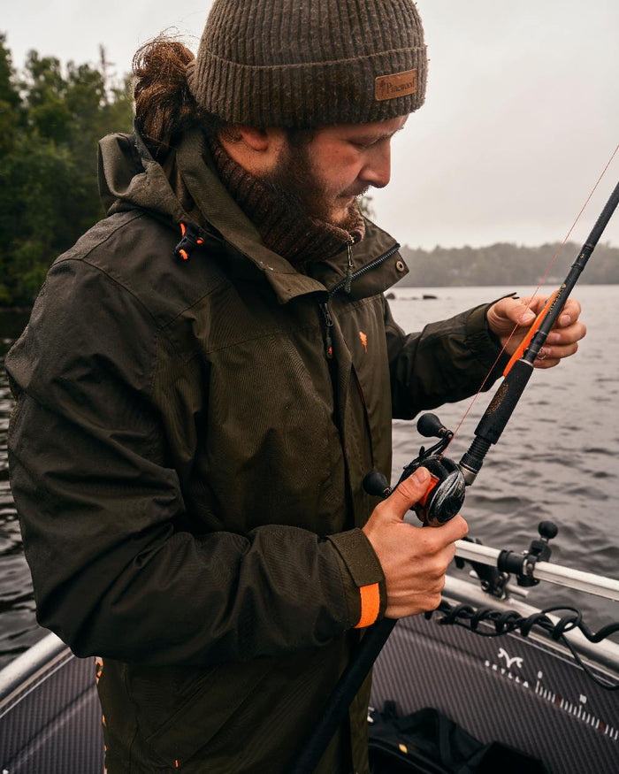 Green Dark Green Coloured Pinewood Mens Bolmen Fishing Jacket on outdoor background #colour_green-dark-green