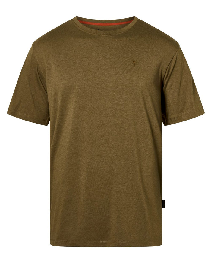 Olive Green coloured Pinewood Mens Finnveden Forest T-Shirt on white background #colour_olive-green