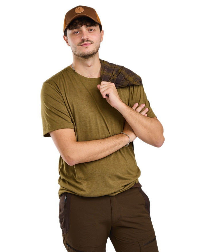 Olive Green coloured Pinewood Mens Finnveden Forest T-Shirt on white background #colour_olive-green