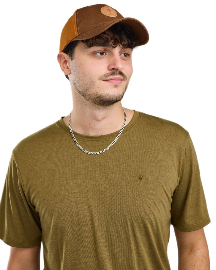 Olive Green coloured Pinewood Mens Finnveden Forest T-Shirt on white background #colour_olive-green