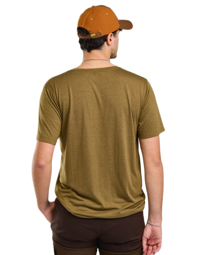 Olive Green coloured Pinewood Mens Finnveden Forest T-Shirt on white background #colour_olive-green