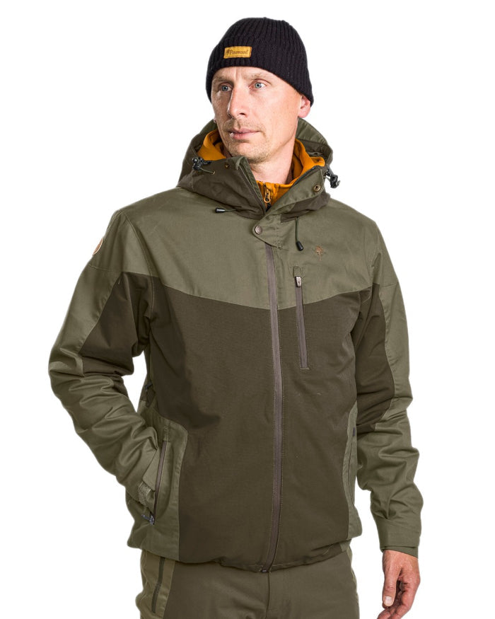 Dark Olive Hunting Olive Coloured Pinewood Mens Finnveden Hybrid Extreme Jacket on white background #colour_dark-olive-hunting-olive