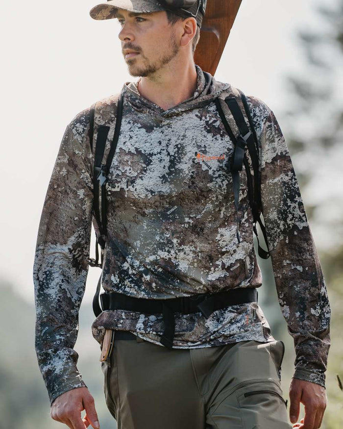 Strata coloured Pinewood Mens Furudal Camou InsectSafe Hoodie on forest background #colour_strata