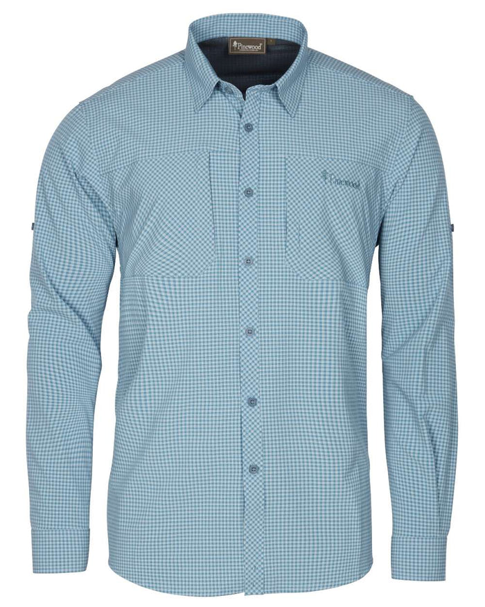Fog Blue Off White coloured Pinewood Mens Insectsafe Long Sleeve Shirt on white background #colour_fog-blue-off-white