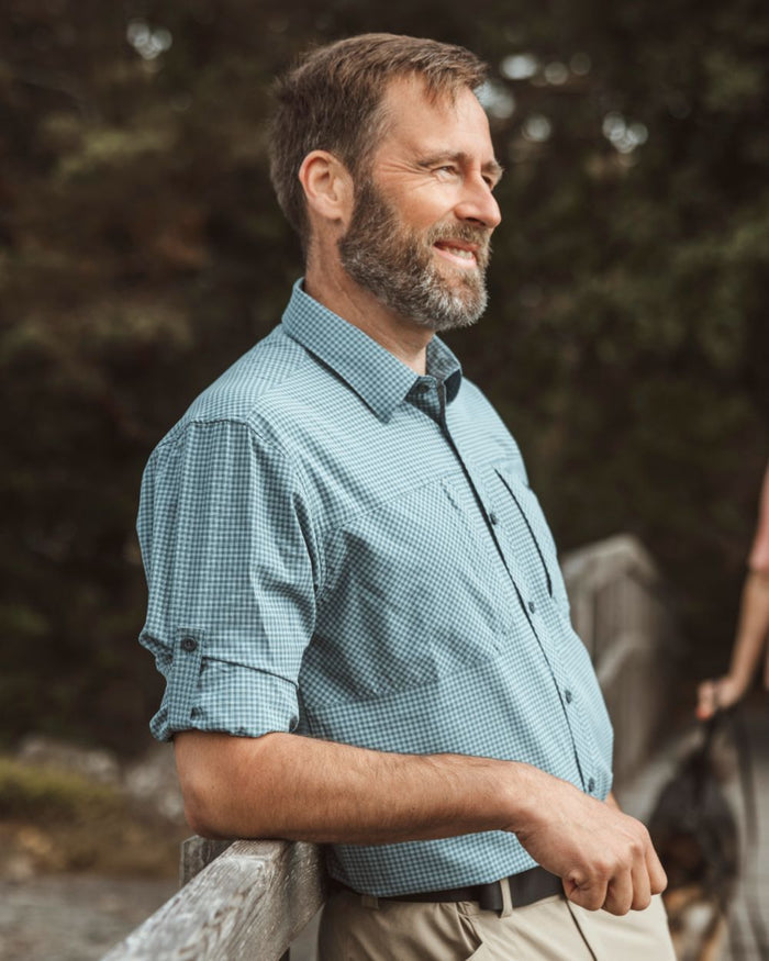 Fog Blue Off White coloured Pinewood Mens Insectsafe Long Sleeve Shirt on outdoor background #colour_fog-blue-off-white