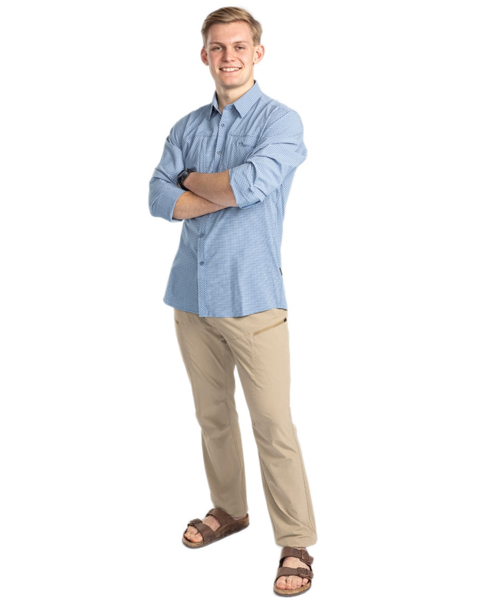 Fog Blue Off White coloured Pinewood Mens Insectsafe Long Sleeve Shirt on white background #colour_fog-blue-off-white